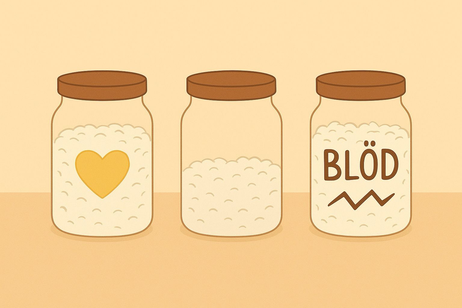 Digitale Illustration von drei Gläsern mit Reis: eines mit Herzsymbol für liebevolle Gedanken, eines neutral, eines mit Zickzacklinien für abwertende Gedanken