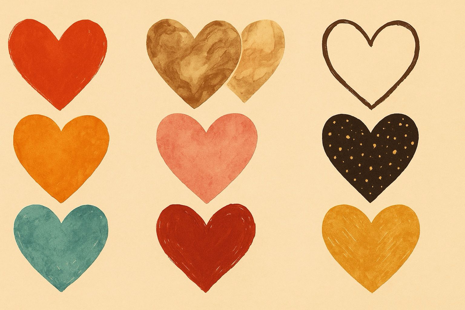 Illustration mit neun unterschiedlich gefärbten Herzen, die die neun Liebesformen symbolisieren – warme Naturtöne, klare Linien und handgemalte Struktur.